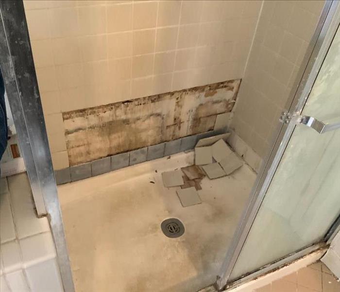 Shower with open glass doors and loose tile on a basin